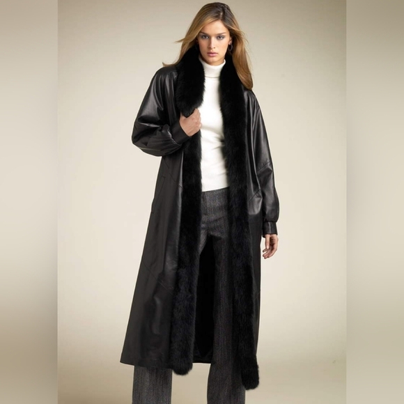 Greg Bell Black Maxi Vintage Fur Trim Leather Coat - Picture 1 of 16